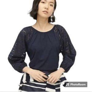 J. Crew Navy Cotton Blouse with Eyelet Lace Sleeves Size Small